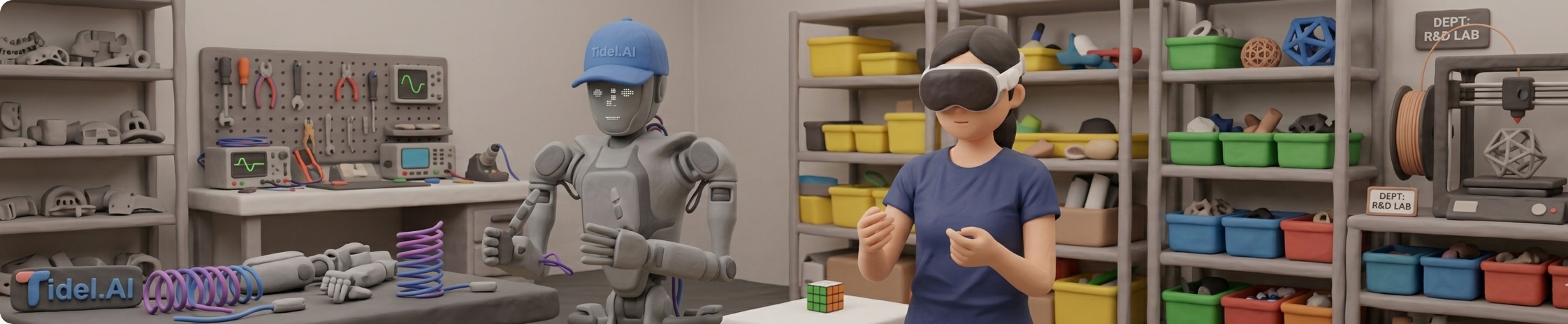 Tidel.AI R&D lab — humanoid robot, VR capture, and 3D-printed parts